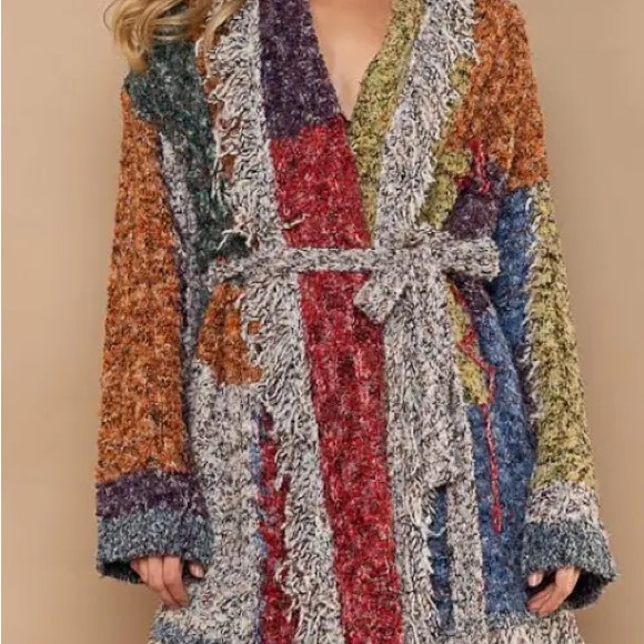 POL Women's Cream Tweed Wrap Cardigan Duster Bohemian Long Sleeve Fringe NWOT - Picture 5 of 9